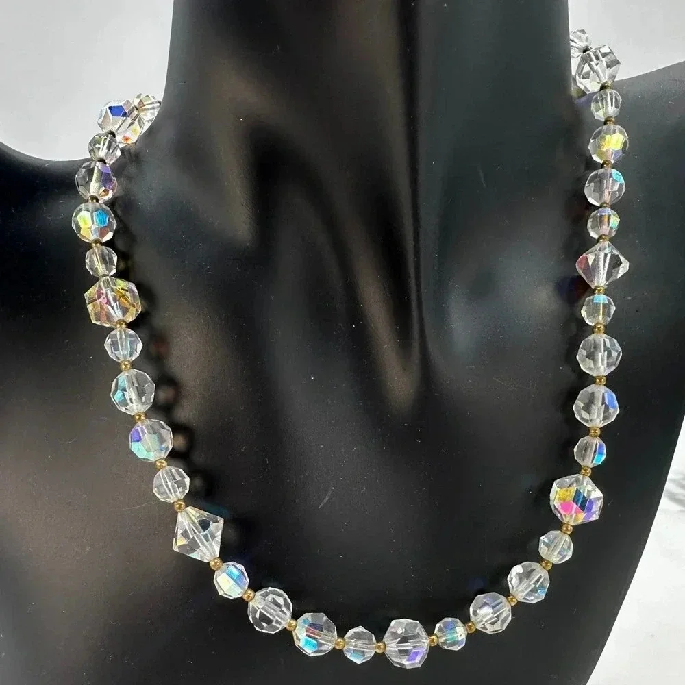Vintage Crystal Aurora Borealis Necklace  Matching Clip On Earrings Set …